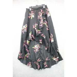 A New Day Hi-Lo Slip-On Wrap Skirt-Short-Size Medium-Black Chiffon w/Florals